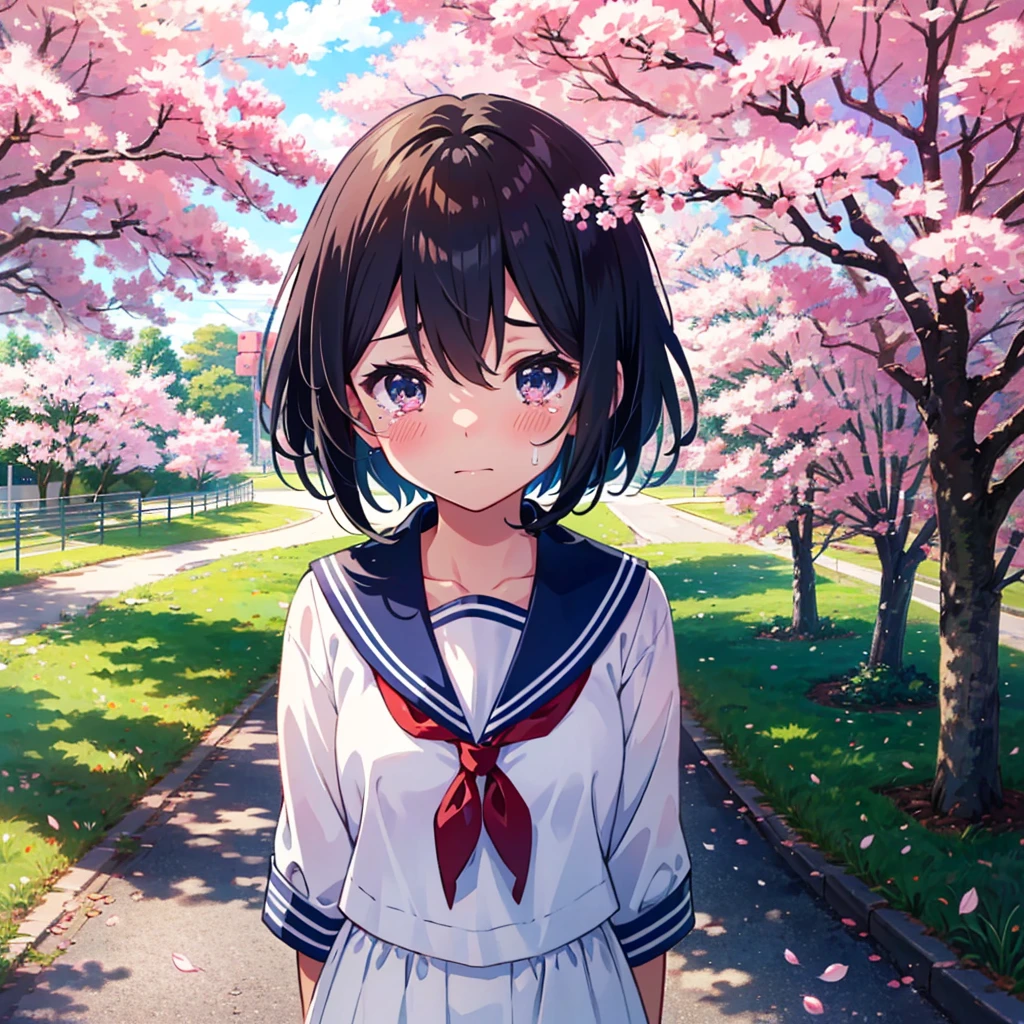 [[Anime Style]]、[[Digital Art]]、[[oh]]、College girl in short sleeve white blouse、[[Short Channel]]hair、[[cherry blossoms]]Forest Background、cloudy、Neutral lighting、[[Small Lighting]]、The wind blows and my skirt flips up, Crack、Backward view、Make your butt bigger、Looking up from the ground
