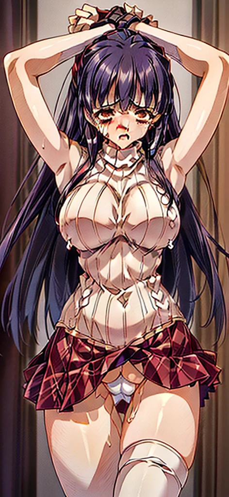 (((masterpiece:1.4, Best Quality:1.48K))), ultra high res, Physically Based Rendering, Full Body Shot, ultra Beautiful Sexy Woman, highlights in the eyes, long navy hair, big hair ribbon, (wind blows up her hair), (gigantic Breasts), 24yo, (embarrassed, blush, tears:1.2, drooling:1.4), ((sleeveless white tight knit sweater, cropped:1.4)), ((red plaid pleated micro miniskirt, no panties)), ((BREAK black stockings)), (bdsm, arms tied up by chain, Both hands above the head, spread legs wide:1.9, detailed beautiful pussy exposed:1.2), (spread pussy exposed:1.2, cum in pussy:1.4), ((Confinement Room)), dim candle lighting,