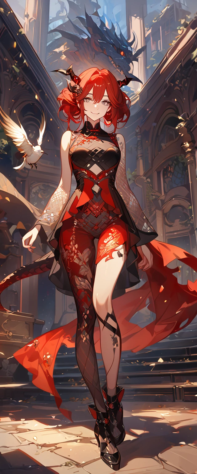 masterpiece, best quality, 8k ,4k , 1girl, teenage girl, dragon girl, red hair, gray eyes, big chest, slender waist, small waist, small thigh, horn, hair ornament, finely detailed eyes and detailed face, looking at viewer, Black sleeveless top, transparent embroidery skirt, skirt to the knee, majestic looks, smiling gently, Lace dress, patterned clothes, red scale scattered pattern clothes, meticulous clothes, revealing clothes, mature clothes, majestic looks, smiling gently, small bird, full body, artist : ask, art style : ask