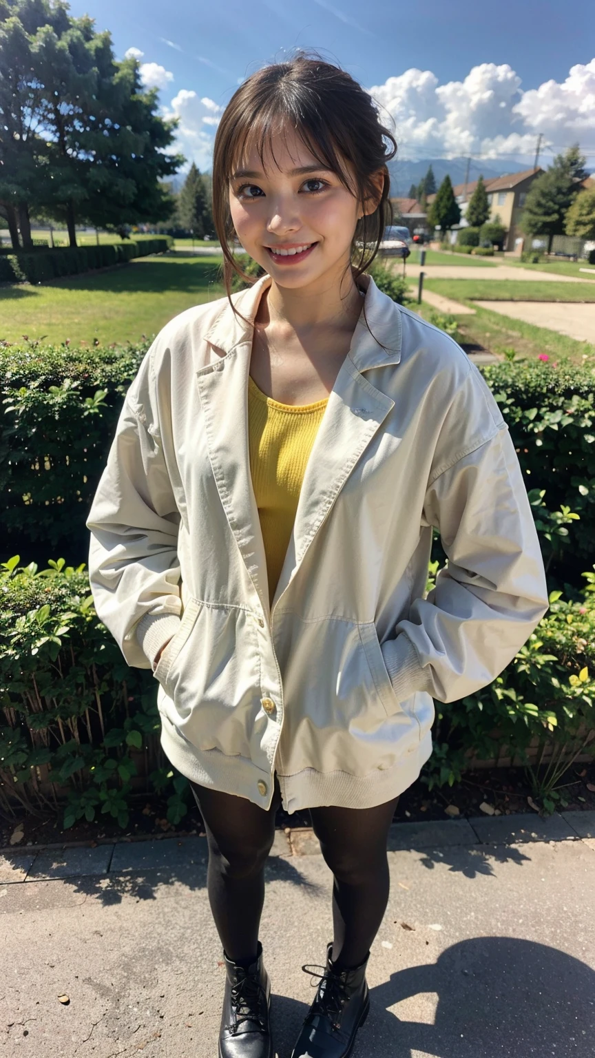 (8K、RAW Photos、Highest quality、masterpiece:1.2)、(Highest quality、Realistic)、1 Girl、((Jacket、Check mini skirt、Idol Costume、ribbon、Medium Hair、See-through、smile、Yellow and black、tights、Thin legs、whole body、boots、garden、View from the front、Looking into the camera、Stand with hands on hips))、cute