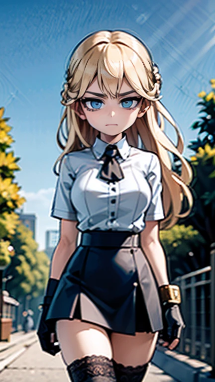 Low angle,from low,((work of art, higher resolution,best qualityer)), (beautiful illustration), ((1 girl,cute,Youngh,beautiful semi long blonde hair,rhombus stripe,gorgeous eyes)),(standing alone),(beautiful elegant office blouse and black skirt),(gazing at viewer), (walking around the Flower Park),
innocent smirk, white above the knees,Lace chalk, bracelet, gloves fingerless, above the knees,
Lace chalk, colar de giornomantes,bracelet, gloves fingerless, aretes, cinematic lighting, Flower Park,big city,busy street,giorno,blue sky,flowers and trees,overcrowded,