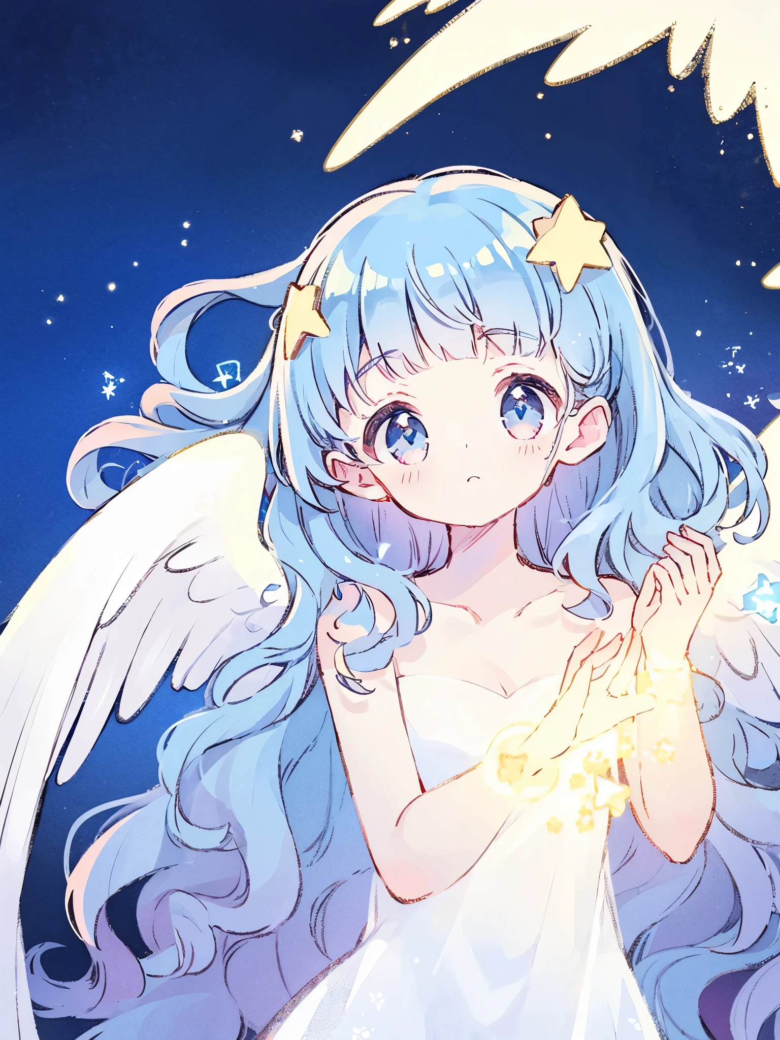 nude angel girl wearing an ethereal translucent dress, pale skin, ((blue mint wavy hair)), white feathers, angel wings, sparkling detailed eyes, golden ratio face, perfect composition, highly detailed, ethereal, (starry night sky background), midjourney style