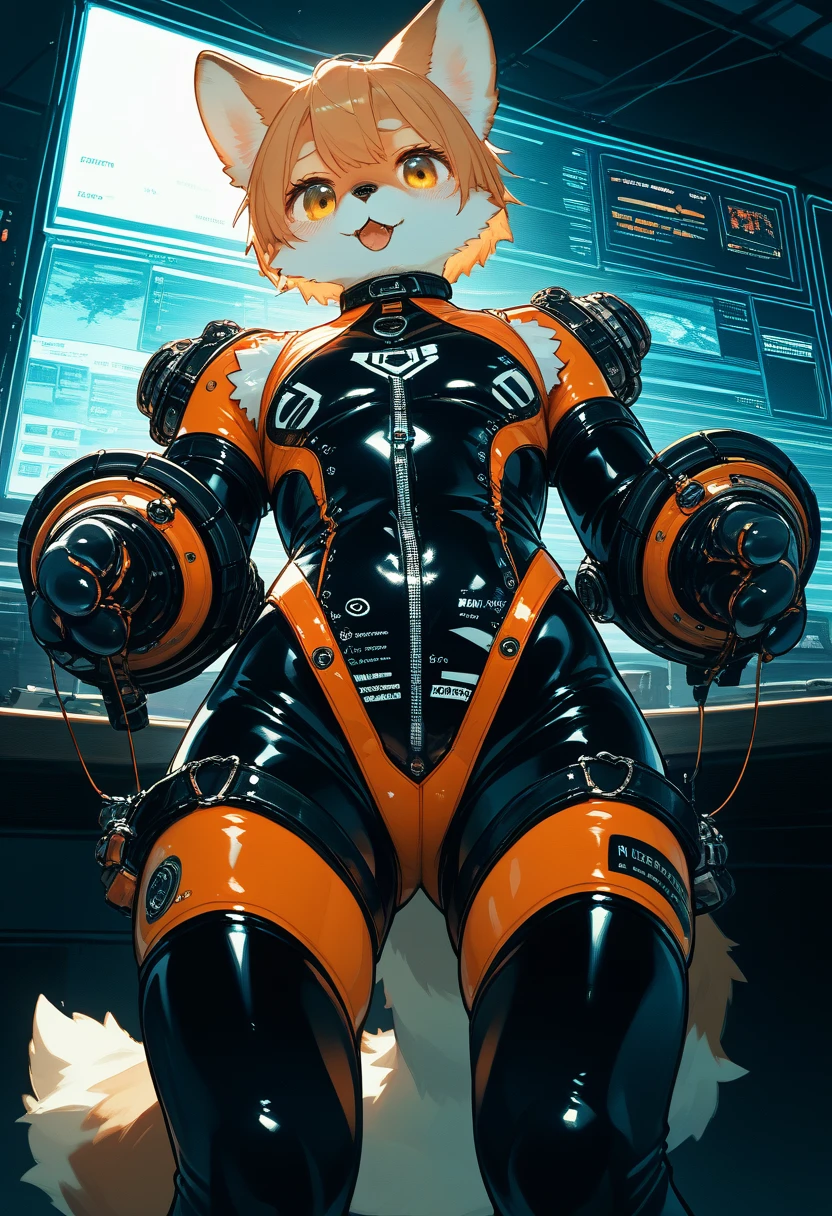 Highest quality, Highest quality, High quality illustrations, masterpiece, Ultra-high resolution, Detailed Background, Games Room, Absurd, Perfect Anatomy, performance, Good lighting, Shadows in the movies(kemono, Furry Personifi猫ion), Rubber suit, latex, neon, neonライト, neonカラー, Mech Suit, Bodysuits
