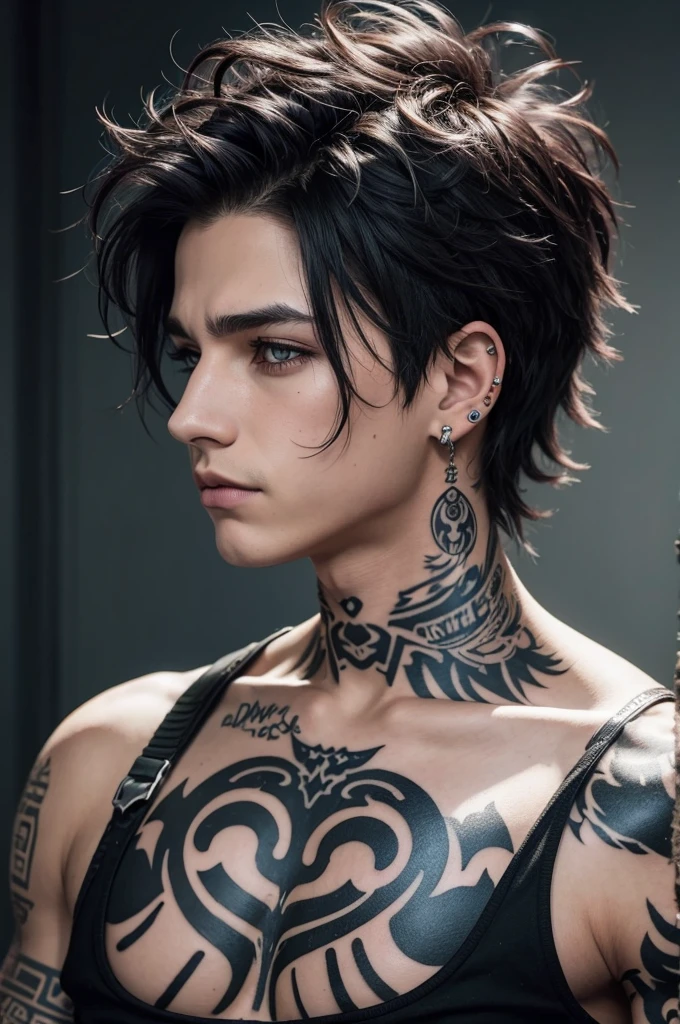 Punk boy with messy hair, aretes, tattoo's, piercings, stark, flat nose