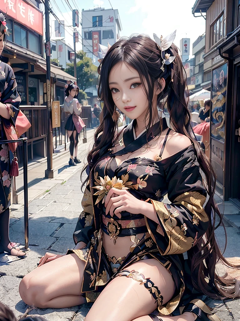 (Full Body View:1.2)、(Side view:1.1)、(Beautiful skin, lips and cheeks:1.4)、(Prostitute:1.4)、(Smiling with teeth showing:1.3),(Shibuya Gal:1.5)、(Gothic Lolita vibe:1.5)、(白色と赤色とマゼンダ色と青色の谷間が見えるミニスカOiran着物:1.5)、(Oiran:1.4)、(Luxury hair ornaments/hairpin:1.5)、(Short kimono:1.3)、(Make-up like a maiko:1.5)、(Bewitching Woman:1.3)、(Dense kimono:1.4)、(Wearing flashy knee socks:1.2)、(The underwear has an embroidered pattern:1.4)、40 years old、(Dance vigorously:1.3)、((Highest quality、8k、masterpiece:1.3))、1 Female、Slim and beautiful abs:1.3、(hairstyle casual、Beautiful boobs:1.1)、dress:1.1、Super small face、Narrow eyes、double eyelid、A sloppy smile、Esbian all over、Dynamic Angle、Close-up、CPL Filter、Blurred Background、Bokeh、Blue Hour、Detailed face and skin texture、Detailed eyes、double eyelid,(Twin tails:1.3)、(Black-brown hair:1.3)、Gravure idol、(The background is a gorgeous Meiji-era town:1.3)、(Thin body:1.2),(Thin thighs:1.5),(clavicle:1.1)