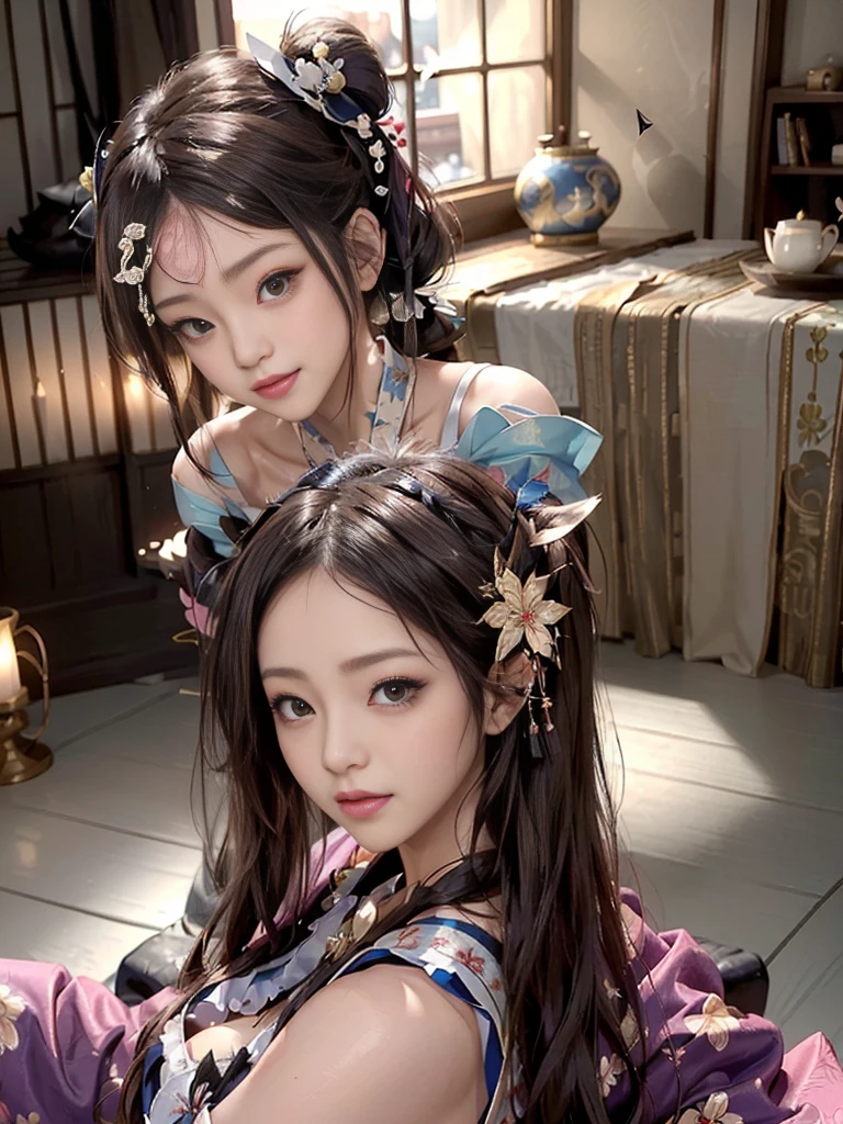 (Full Body View:1.2)、(Side view:1.1)、(Beautiful skin, lips and cheeks:1.4)、(Prostitute:1.4)、(Smiling with teeth showing:1.3),(Shibuya Gal:1.5)、(Gothic ta vibe:1.5)、(白色と赤色とマゼンダ色と青色の谷間が見えるミニスカOiran着物:1.5)、(Oiran:1.4)、(Luxury hair ornaments/hairpin:1.5)、(Short kimono:1.3)、(Make-up like a maiko:1.5)、(Bewitching Woman:1.3)、(Dense kimono:1.4)、(Wearing flashy knee socks:1.2)、(The underwear has an embroidered pattern:1.4)、40 years old、(Dance vigorously:1.3)、((Highest quality、8k、masterpiece:1.3))、1 Female、Slim and beautiful abs:1.3、(hairstyle casual、Beautiful boobs:1.1)、dress:1.1、Super small face、Narrow eyes、double eyelid、A sloppy smile、Esbian all over、Dynamic Angle、Close-up、CPL Filter、Blurred Background、Bokeh、Blue Hour、Detailed face and skin texture、Detailed eyes、double eyelid,(Twin tails:1.3)、(Black-brown hair:1.3)、Gravure idol、(The background is a gorgeous Meiji-era town:1.3)、(Thin body:1.2),(Thin thighs:1.5),(clavicle:1.1)