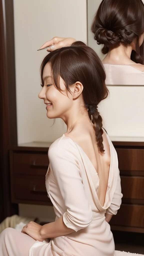 ((Highest quality)), ((8K)), ((masterpiece: 1.3)), (Perfect appearance), (Photorealism: 1.6), (JMA), (KE), (Bedroom: 1.2), (sitting in front of the dresser: 1.2), (後ろ髪を掻き上げうなじを見せるJapanese Mature), (He is combing the hair at the back of his head with a hand comb.: 1.4), (Back view), (Diagonal angle from behind: 1.4), (Portrait from chest up: 1.4), (60 years old, Japanese Mature), ((Realistic skin texture)), (Fine wrinkles all over the skin), (Dullness), (Facial wrinkles), (Wrinkles around the eyes), double eyelid, Tear bags under the eyelids, The face is slightly down, Smiling Kindly, close your eyes, (Hand-combed hair: 1.2), (Leave a little hair on your neck), (Showing the nape: 1.6), (Nightgown: 1.2),
