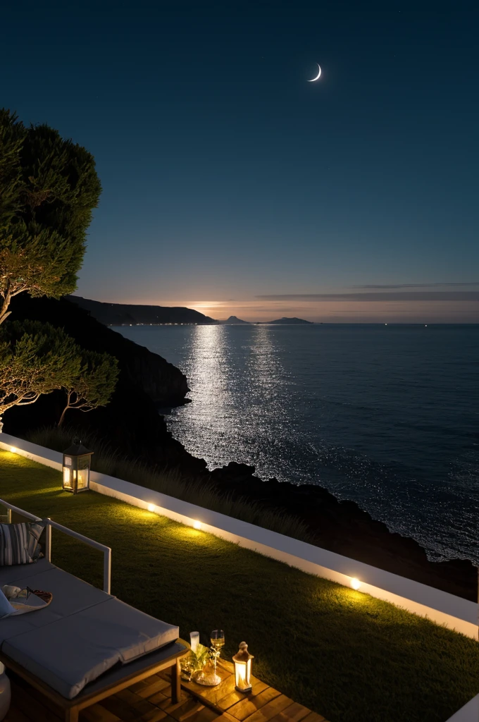 Sea of night,field,Realistic,More realistic,Seaside terrace,8K Ultra HD, Digital SLR, Party Venue,Midnight Sea,View from the terrace