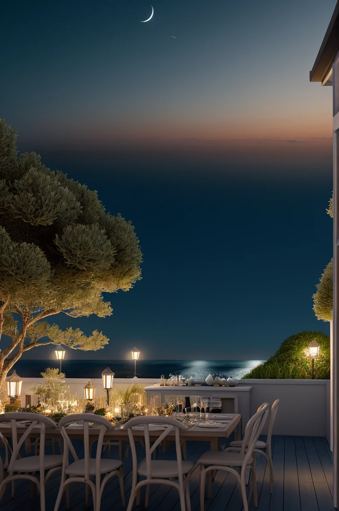 Sea of night,field,Realistic,More realistic,Seaside terrace,8K Ultra HD, Digital SLR, Party Venue,Midnight Sea,View from the terrace