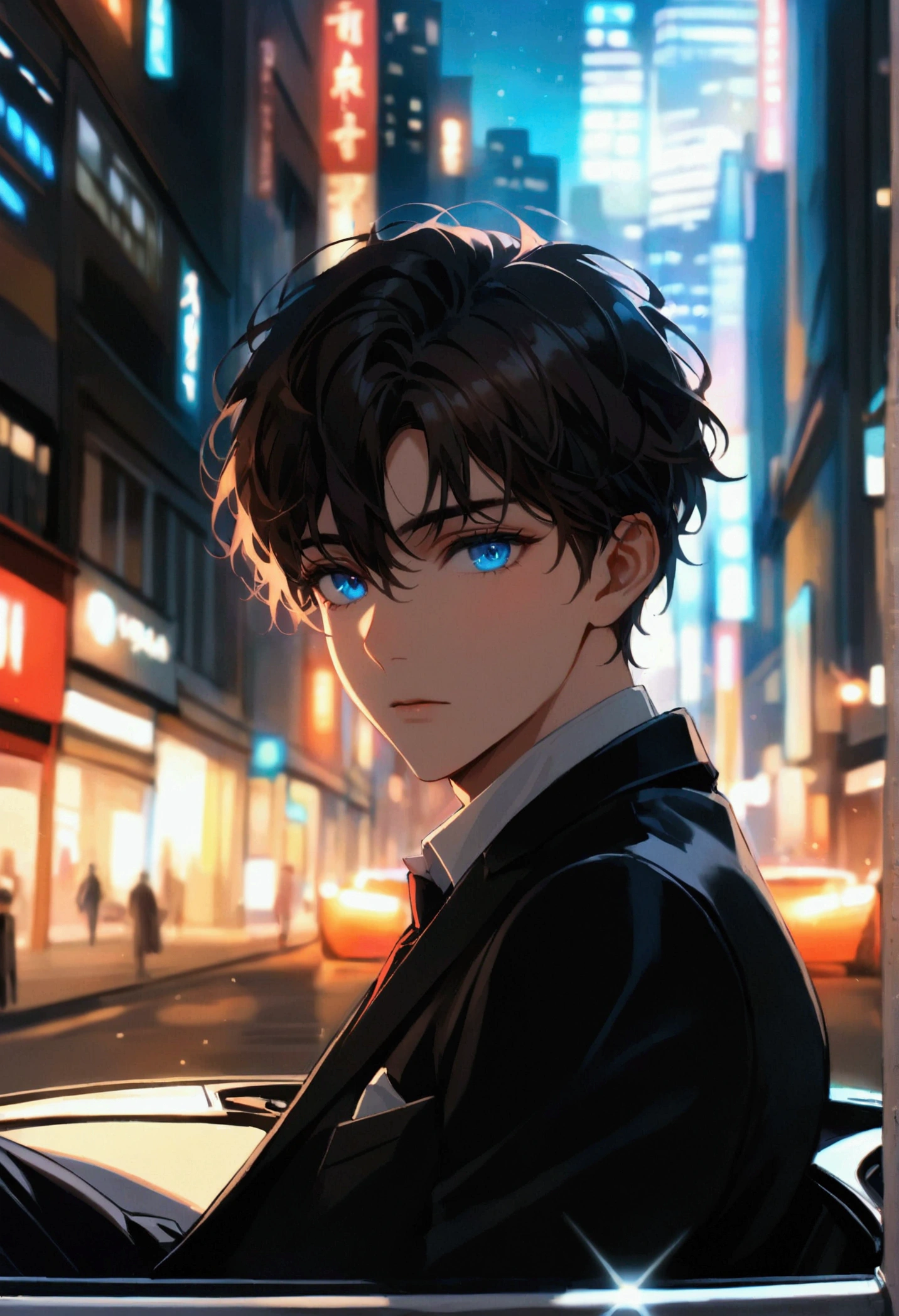 A young man with dark hair and blue eyes in a black suit turned his back and half his face in the middle of the city, leaning on a sports car at night.