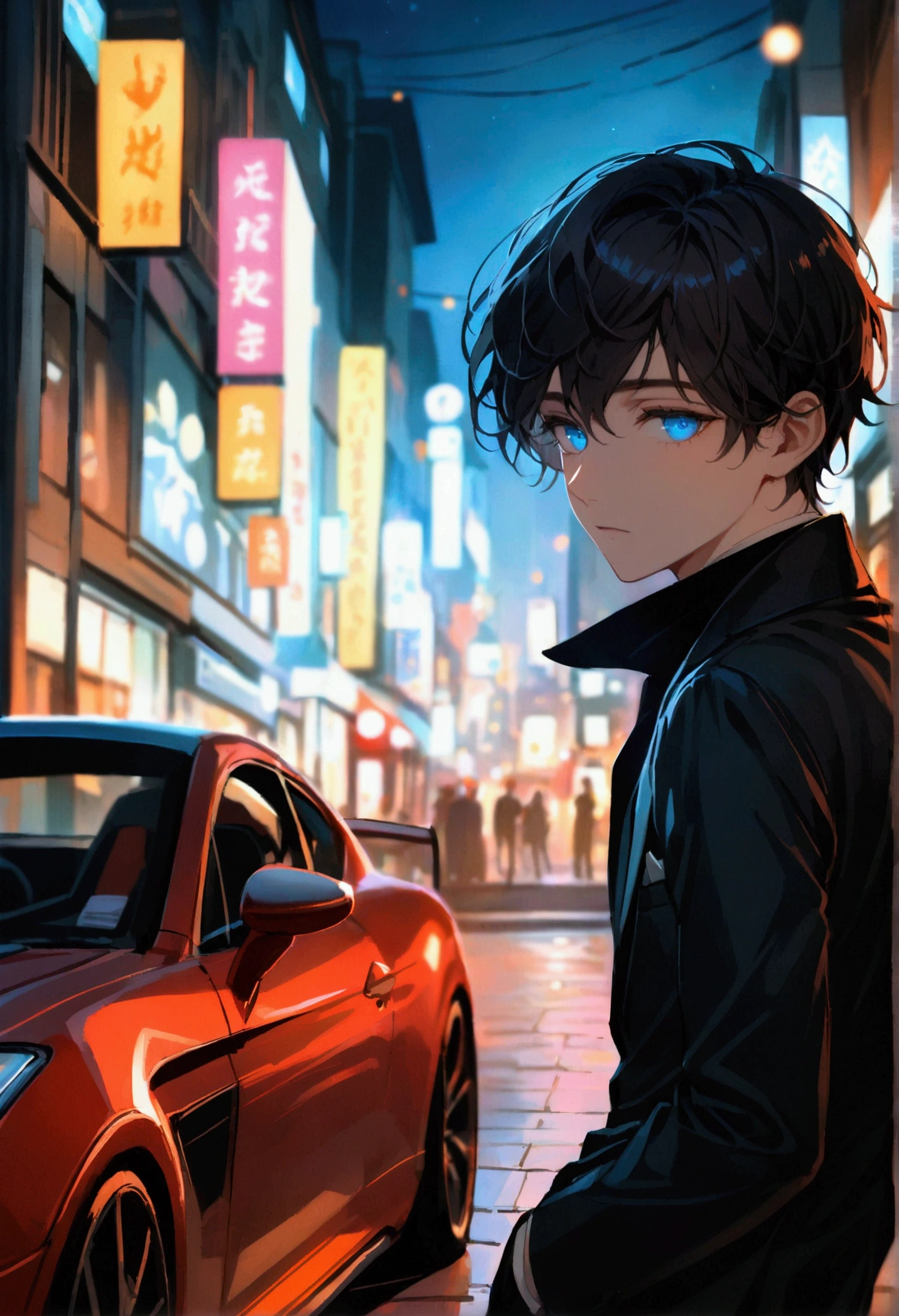 A young man with dark hair and blue eyes in a black suit turned his back and half his face in the middle of the city, leaning on a sports car at night.