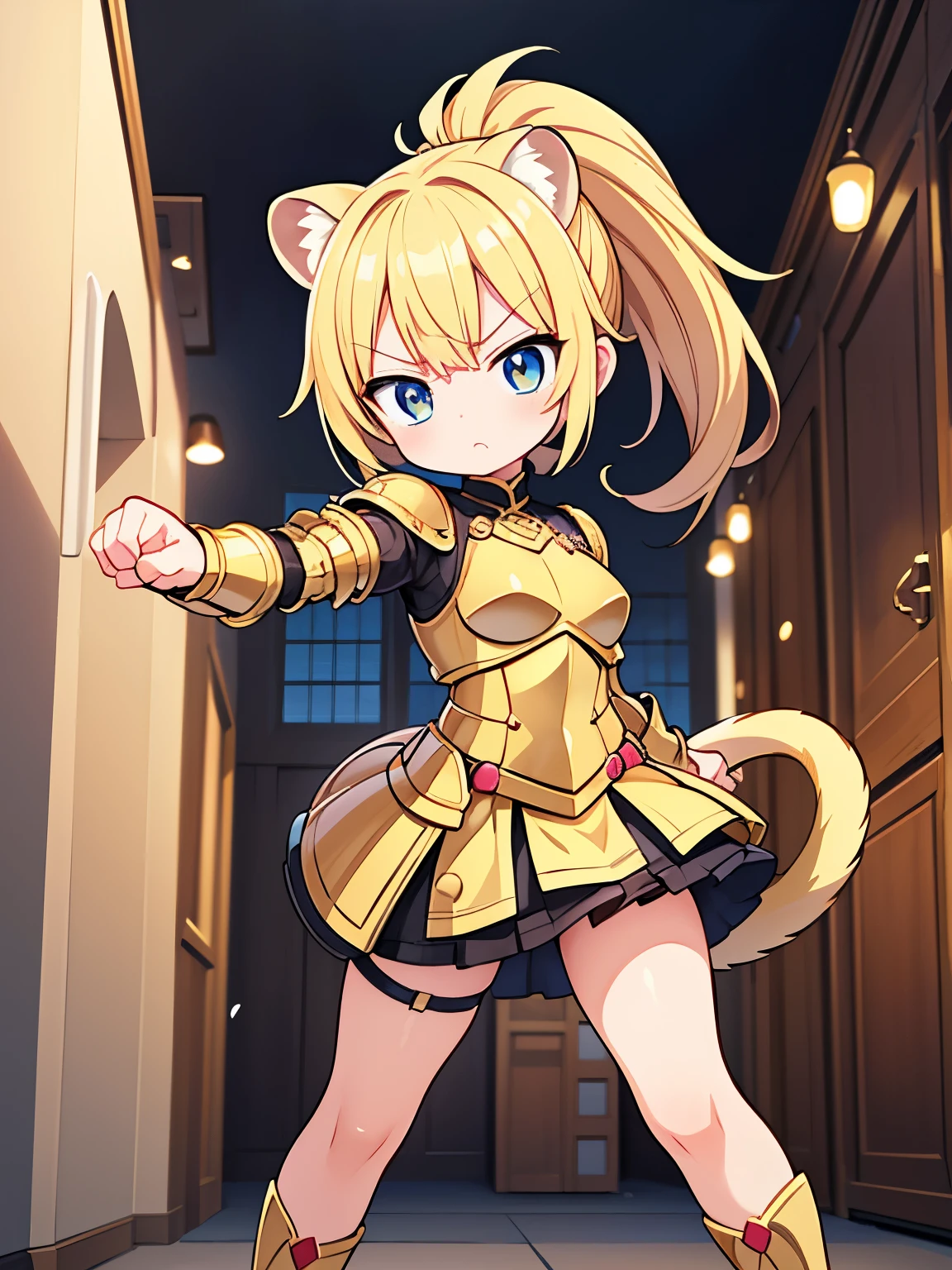 masterpiece, best quality, extremely detailed, anime, (Cute anime style),Girl, blonde, ponytail, short, small, chibi,light armor, (((threatening pose))), holding up hands,(standing ferret visible in the background)