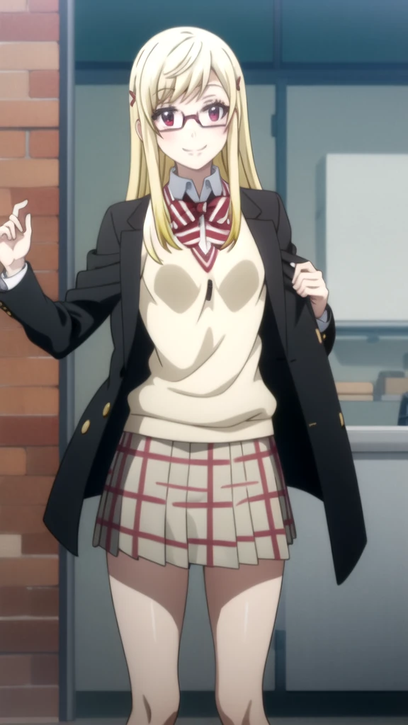 Anime girl with glasses wearing skirt and jacket posing for a photo., short shirt with jacket, wearing jacket and skirt, short skirt and long jacket, intriguing suit, Cute casual streetwear, female suit, Nice wardrobe, Sexy outfit, complex suit, Fashion style, fashion suit, Adorable outfit, y2k style, y2k style, classic vibes Yamada mocking smile_yellow, 1chica , by rubio, alone, wide, hair ornament, , smile, bow, red eyes my dress darling anime, beautiful seductress anime anime
