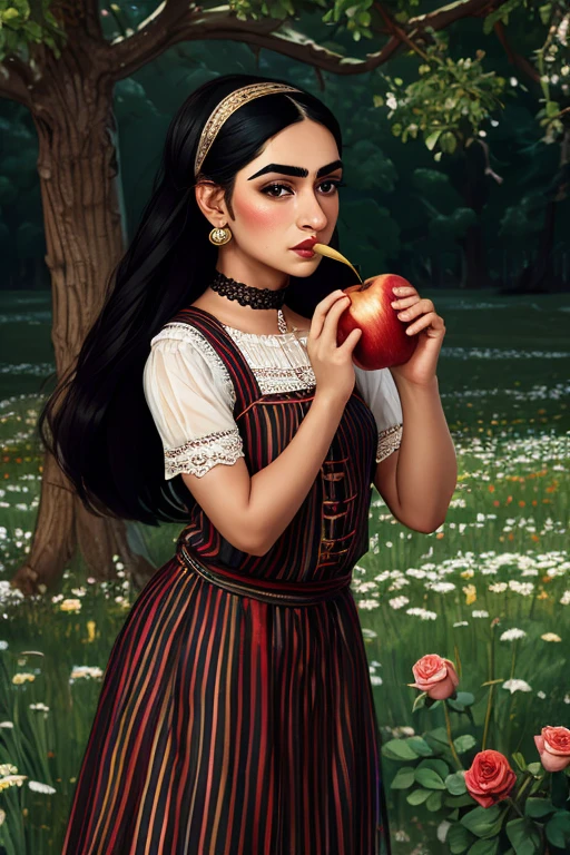 Tan skin indian afghan prominent nose thick eyebrows frida kahlo a woman with long flowing black hair, piercing eyes, a prominent unibrow, rosy cheeks, eating a juicy red apple, wearing a Victorian-style vest and lace collar, standing in a lush meadow with a unicorn, (best quality,4k,8k,highres,masterpiece:1.2),ultra-detailed,intricate details, striking colors, dramatic lighting, stallintheunicow, brushy, painterly girl eating apple in field of roses, red, black, white, long black hair, bangs, unibrow, thick eyebrows, freckles, big nose, aquiline nose, hairband, dress, stripes, big ears, girl, rosy cheeks, red lips,stallintheunicow aoife striped shirt skirt lace combat boots