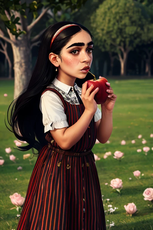 Tan skin indian afghan prominent nose thick eyebrows frida kahlo a woman with long flowing black hair, piercing eyes, a prominent unibrow, rosy cheeks, eating a juicy red apple, wearing a Victorian-style vest and lace collar, standing in a lush meadow with a unicorn, (best quality,4k,8k,highres,masterpiece:1.2),ultra-detailed,intricate details, striking colors, dramatic lighting, stallintheunicow, brushy, painterly girl eating apple in field of roses, red, black, white, long black hair, bangs, unibrow, thick eyebrows, freckles, big nose, aquiline nose, hairband, dress, stripes, big ears, girl, rosy cheeks, red lips,stallintheunicow aoife striped shirt skirt lace combat boots