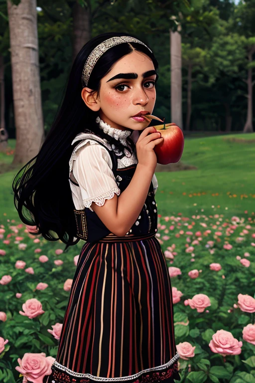 Tan skin indian afghan prominent nose thick eyebrows frida kahlo a woman with long flowing black hair, piercing eyes, a prominent unibrow, rosy cheeks, eating a juicy red apple, wearing a Victorian-style vest and lace collar, standing in a lush meadow with a unicorn, (best quality,4k,8k,highres,masterpiece:1.2),ultra-detailed,intricate details, striking colors, dramatic lighting, stallintheunicow, brushy, painterly girl eating apple in field of roses, red, black, white, long black hair, bangs, unibrow, thick eyebrows, freckles, big nose, aquiline nose, hairband, dress, stripes, big ears, girl, rosy cheeks, red lips,stallintheunicow aoife striped shirt skirt lace combat boots