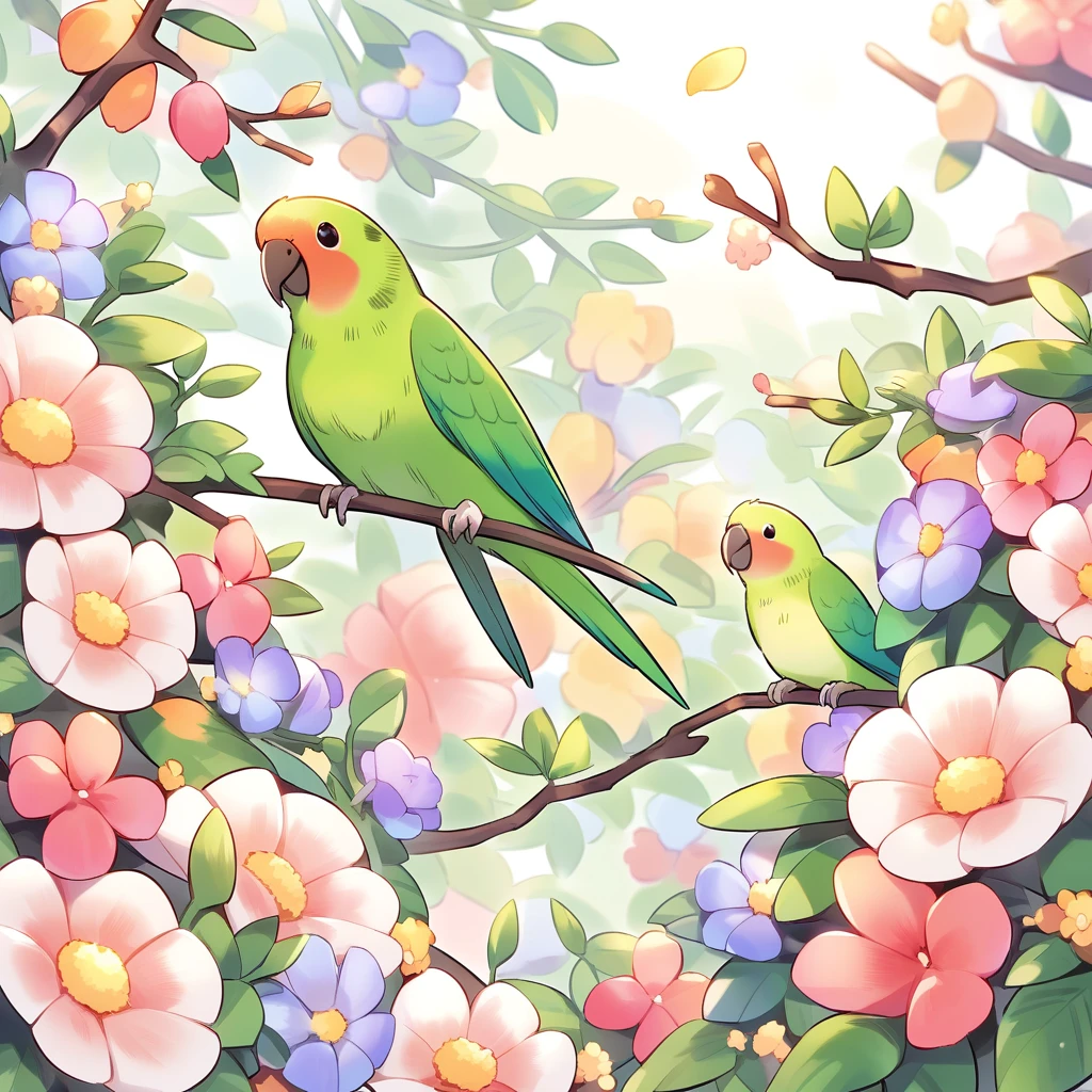 Cute parakeet　bird　Lots of flowers around　busy　たくさんのbird