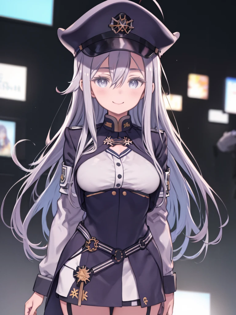 One Woman、Grey Eyes、Grey Hair、Hair between the eyes、Long Hair、Ahoge、Big Breasts、Huge breasts、 Blue jacket、Blue Skirt、uniform 、military cap、White knee socks、White shirt, Watching the audience、Smiling、Upper Body、ruins、Are standing、
