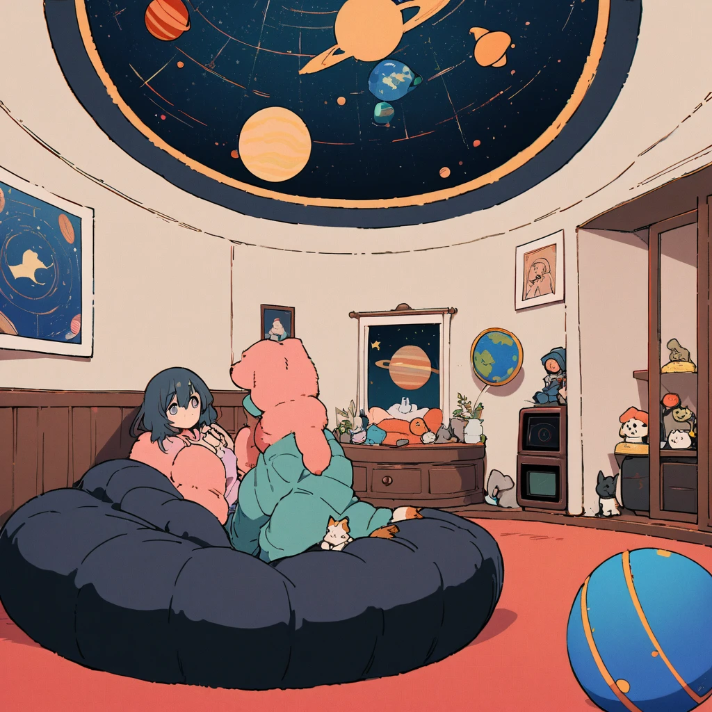 ((anime:1.4,figure)),(masterpiece, Highest quality, Highest quality),(Super detailed, The absolute solution),((16K, High resolution)), (((interior, Small living room, Planetarium on the entire ceiling, Boy and dog looking up)) ((cosy lofi figure:1.4)), ((anime:1.4, figure)),(masterpiece, Highest quality, Highest quality),(Super detailed, The absolute solution),((16K, High resolution)) break {Lofi Art, Laurie Griesley's style, Makoto Shinkai's Style, anime aesthetic}, break { (Generates images with over 40 million pixels of information with the detailed texture of films shot with Sony SLR cameras。).}