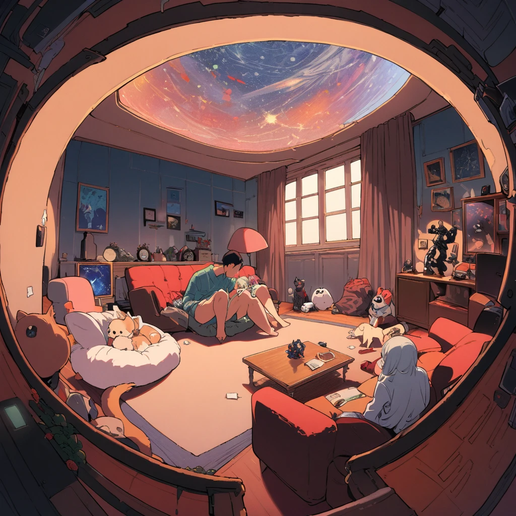 ((anime:1.4,figure)),(masterpiece, Highest quality, Highest quality),(Super detailed, The absolute solution),((16K, High resolution)), (((interior, Small living room, Planetarium on the entire ceiling, Boy and dog looking up)) ((cosy lofi figure:1.4)), ((anime:1.4, figure)),(masterpiece, Highest quality, Highest quality),(Super detailed, The absolute solution),((16K, High resolution)) break {Lofi Art, Laurie Griesley's style, Makoto Shinkai's Style, anime aesthetic}, break { (Generates images with over 40 million pixels of information with the detailed texture of films shot with Sony SLR cameras。).}