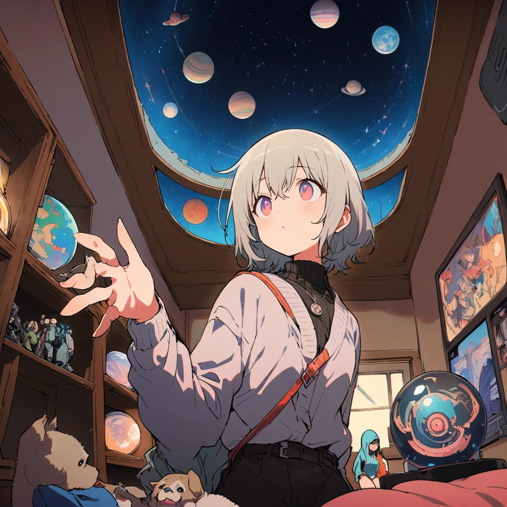 ((anime:1.4,figure)),(masterpiece, Highest quality, Highest quality),(Super detailed, The absolute solution),((16K, High resolution)), (((interior, Small living room, Planetarium on the entire ceiling, Boy and dog looking up)) ((cosy lofi figure:1.4)), ((anime:1.4, figure)),(masterpiece, Highest quality, Highest quality),(Super detailed, The absolute solution),((16K, High resolution)) break {Lofi Art, Laurie Griesley's style, Makoto Shinkai&#39;s Style, anime aesthetic}, break { (Generates images with over 40 million pixels of information with the detailed texture of films shot with Sony SLR cameras。).}