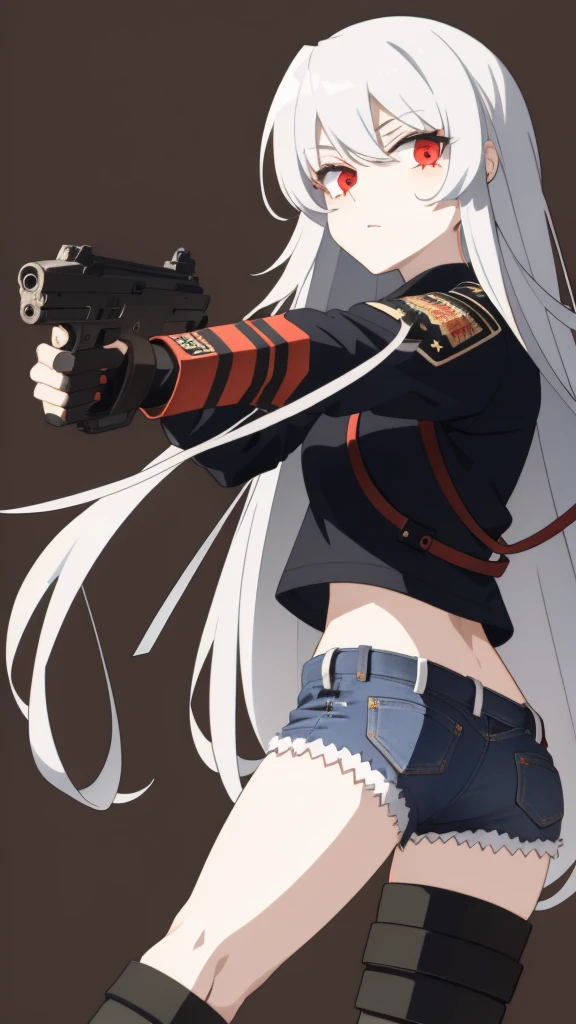 1 girl 19 year old, long white hair, red eyes, holding an handgun, cord top, short jeans, anime style, assaust uniform, battle girl, black thigh highs, upper body, best quality, 8k resolution, Point right hand at the viewer, looking at viewer, brown background