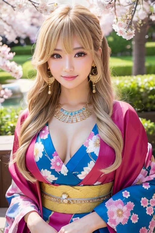 A hyper-realistic Japanese 'gyaru' girl wearing a traditional Japanese kimono styled in a modern and revealing way. She has long, wavy blonde hair and light makeup, with detailed skin texture and realistic hair. The kimono should be colorful and intricate, with a loose and open front revealing her cleavage and a modern twist. She is posing confidently with a bright, cheerful smile, accessorized with large hoop earrings and a statement necklace. The background is a luxurious hotel room with a plush bed. The girl has a large bust, realistic human features, and a confident pose.
