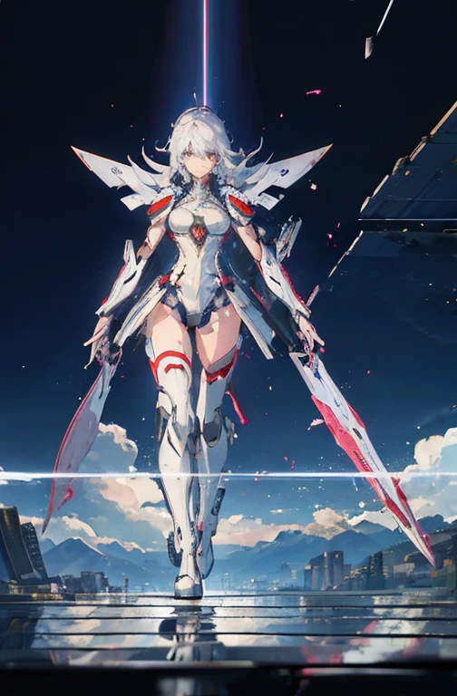 ((Kizi, mecha)), glare eyes, 精致的面容, damaged armor, mechanical aura, mechanical arm, White hair, long hair, ceramic body, Thigh clearance, breasts big, Network Background, Very cool city, (translucent, Reflective skin), 8K, best qualityer, super verbose, (Surrealism: 1.4),