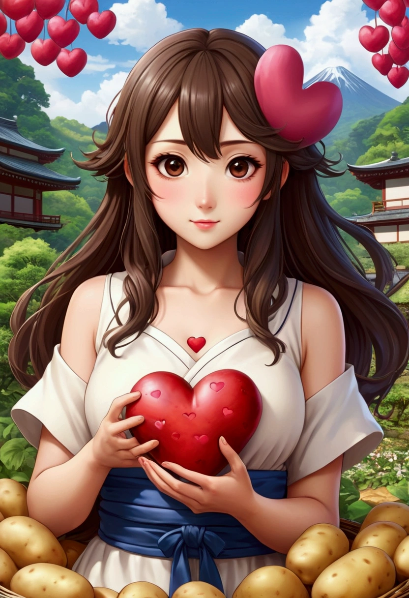 Create an illustration that meets the following conditions:。　-Create an icon with a heart-shaped frame　-Realistic anime style　- Heartwarming characters　-Potato Girl　- Fantasy background　-Sexy Japanese women as the theme　-nsfw