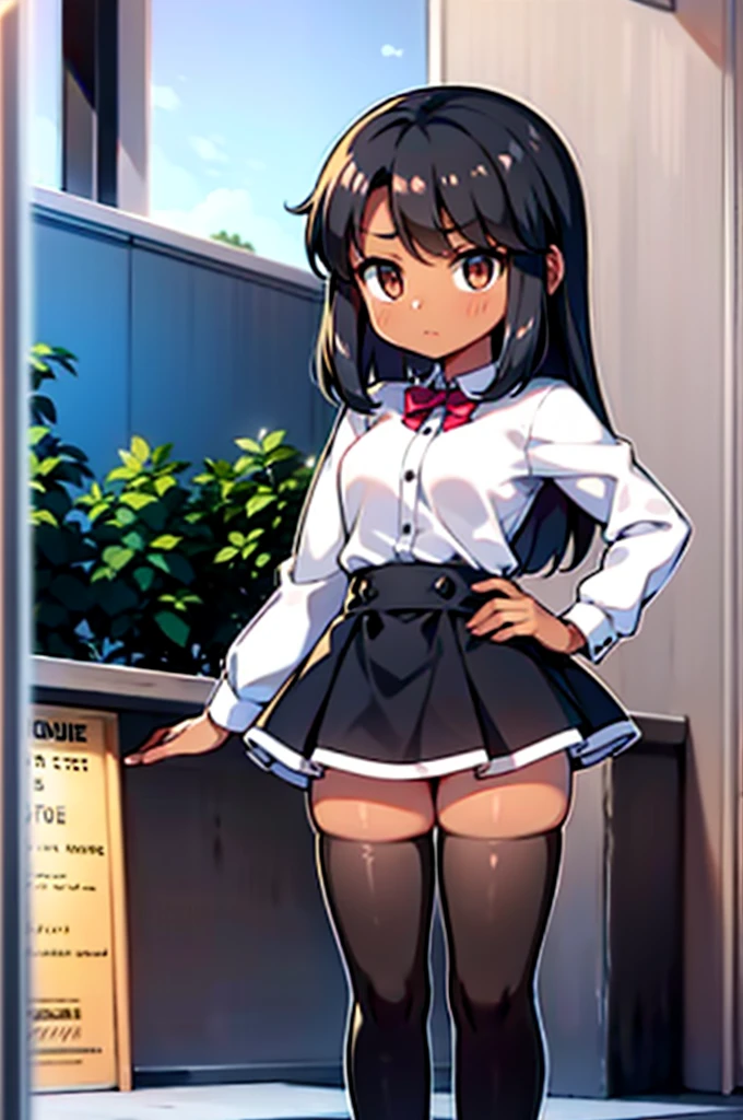 A girl with black hair and dark brown eyes, dark skin and a white shirt with a micro skirt and stirrup legwear 