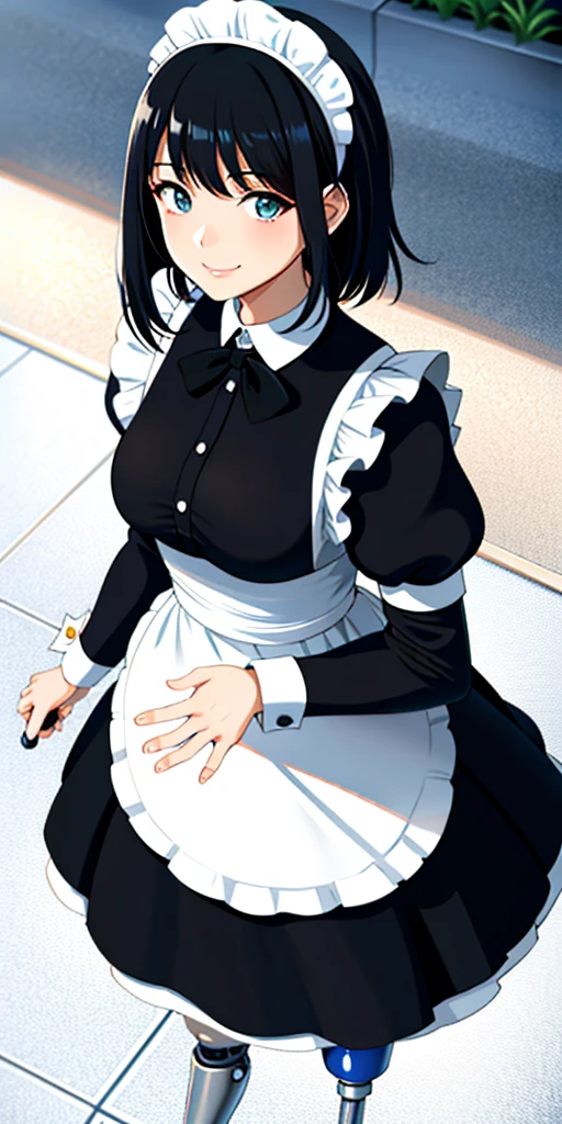 best quality, 1girl, solo, standing, outdoors,  medium hair, black hair, straight hair, looking at viewer, medium breasts,  (prosthetic leg:1.2), full body, smiling, (skirt:1.2), maid custom, maid uniform, black skirt, maid looking. 