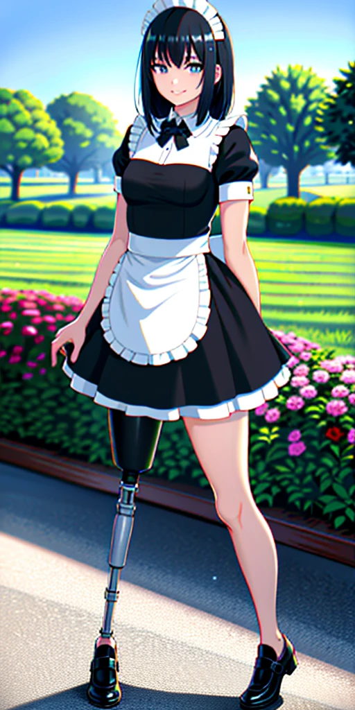 best quality, 1girl, solo, standing, outdoors,  medium hair, black hair, straight hair, looking at viewer, medium breasts,  (prosthetic leg:1.2), full body, smiling, (skirt:1.2), maid custom, maid uniform, black skirt, maid looking. 