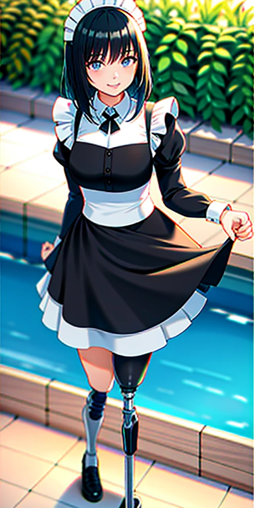 best quality, 1girl, solo, standing, outdoors,  medium hair, black hair, straight hair, looking at viewer, medium breasts,  (prosthetic leg:1.2), full body, smiling, (skirt:1.2), maid custom, maid uniform, black skirt, maid looking. 