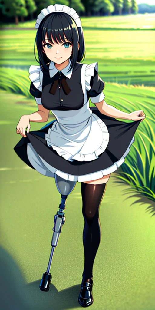 best quality, 1girl, solo, standing, outdoors,  medium hair, black hair, straight hair, looking at viewer, medium breasts,  (prosthetic leg:1.2), full body, smiling, (skirt:1.2), maid custom, maid uniform, black skirt, maid looking. 