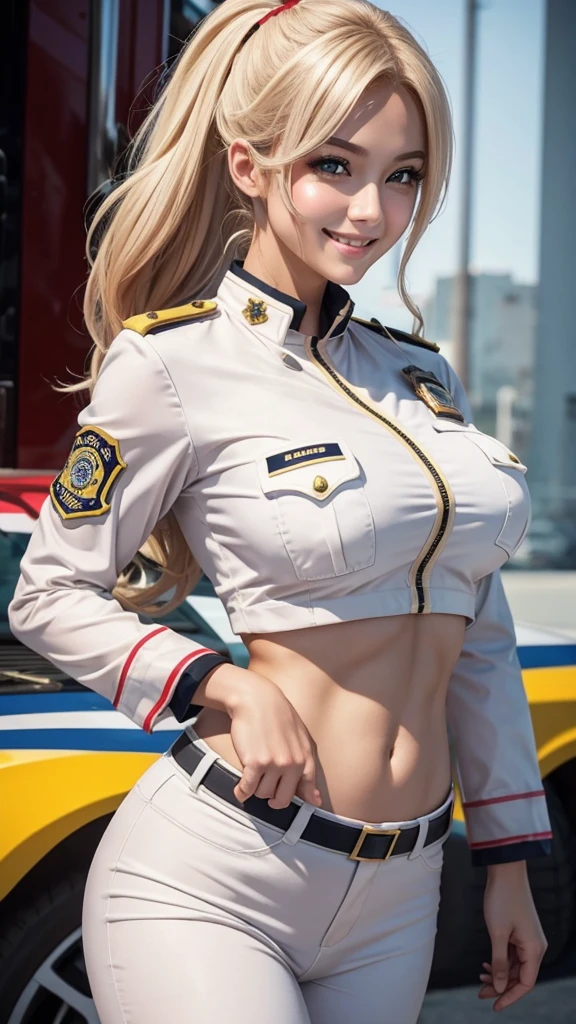 police cosplay, firefighter, feminine,linda, Caucasian skin,blush cheeks,beautiful smiling,Sculpted body,breasts big , light white uniform.