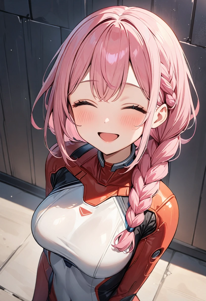 (masterpiece, top quality, very aesthetic, 4k、illustration), intricate detail, 1girl,Standing in front of a wall、(upper body)、happy smile、Open mouth、one eye closed、(braid hair)、
Cute 、pink hair、,middle hair,sidelock ,,blue eyes、pilot suit、Tight Suit、,medium breasts、Slim 、