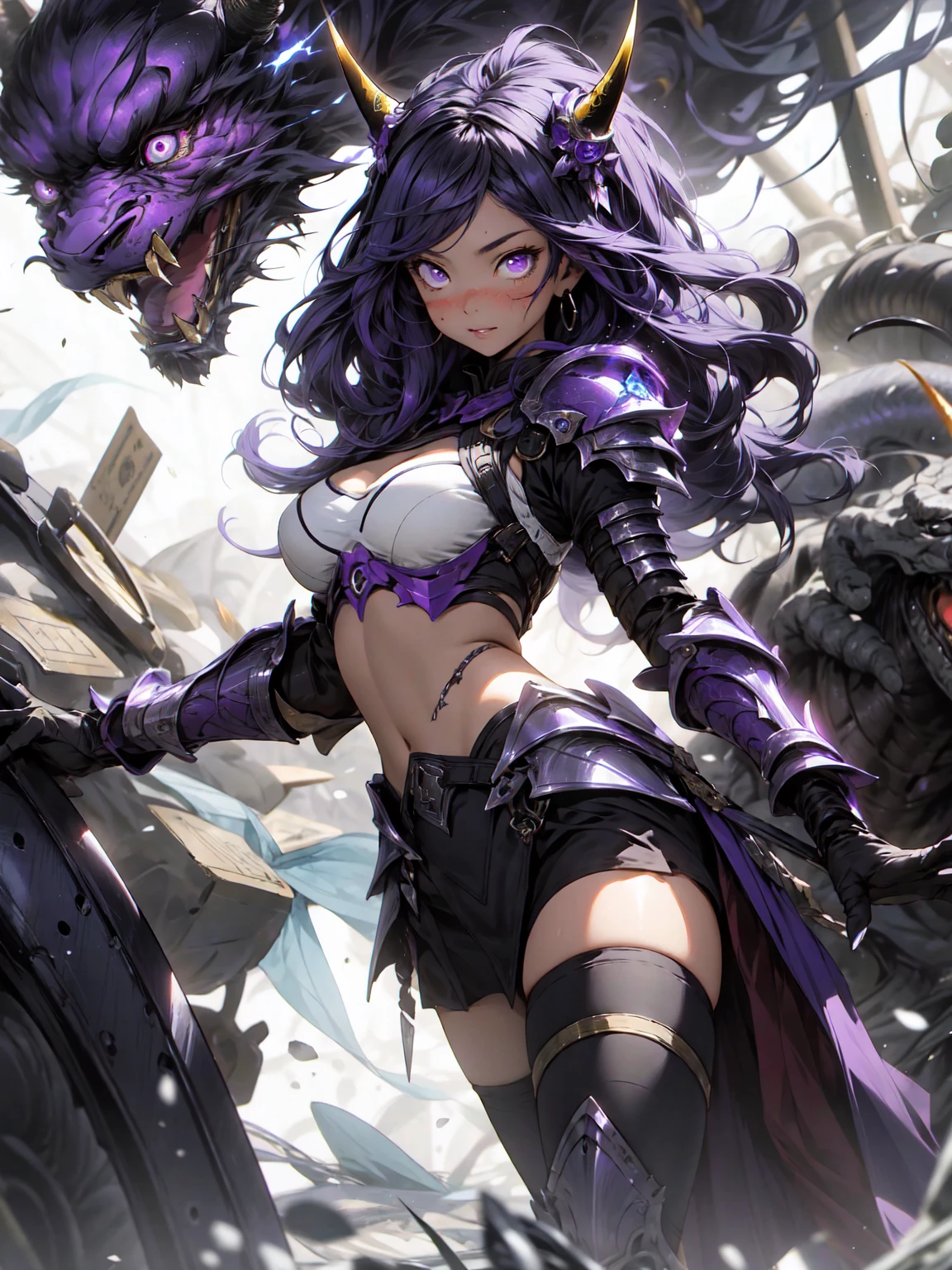 Be realistic,(masterpiece,Highest quality,Highest quality,Very detailed,Fractal Art,Most detailed,(Abstract background:1.5)(1 Girl),Kamimei,(紫色のLong Hair),(puppet, Light purple eyes, Purple Hair, Long Hair, Big Breasts、Toned Abature face、Stunned)、Abyss Stick、crystallization,bikini、High leg、Sexy、Purple Machine Armor、Sunburned skin、Demon Horn、mini skirt、There is a big wound