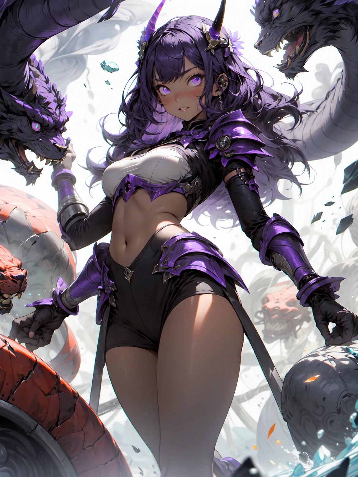 Be realistic，（masterpiece，Highest quality，Highest quality，Very detailed，Fractal Art，Most detailed，（Abstract background：1.5）（1 Girl），Kamimei，（紫色のLong Hair），（puppet, Light purple eyes,  Purple Hair, Long Hair, Big Breasts、Toned Abature face、Stunned)、Abyss Stick、crystallization，bikini、High leg、Sexy、Purple Machine Armor、Sunburned skin、Demon Horn、mini skirt、There is a big wound