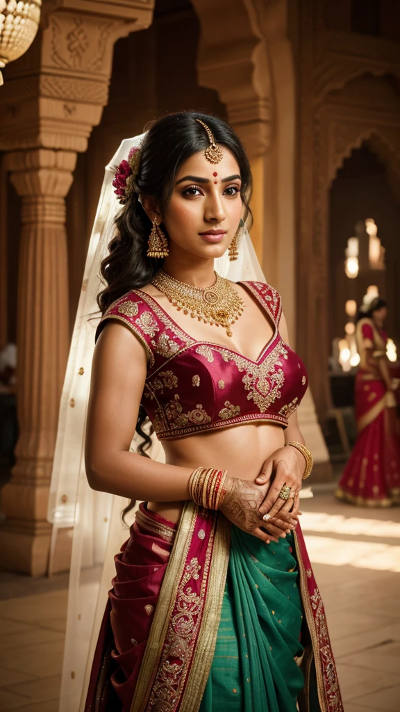 a bride and groom at an indian wedding, traditional indian wedding dress, sari, kurta, colorful decorations, flower garlands, vibrant colors, ornate jewelry, intricate henna patterns, ornate architecture, detailed hands and faces, ultra-detailed, (best quality,4k,8k,highres,masterpiece:1.2),ultra-detailed,(realistic,photorealistic,photo-realistic:1.37),HDR,UHD,studio lighting,ultra-fine painting,sharp focus,physically-based rendering,extreme detail description,professional,vivid colors,bokeh,portrait
