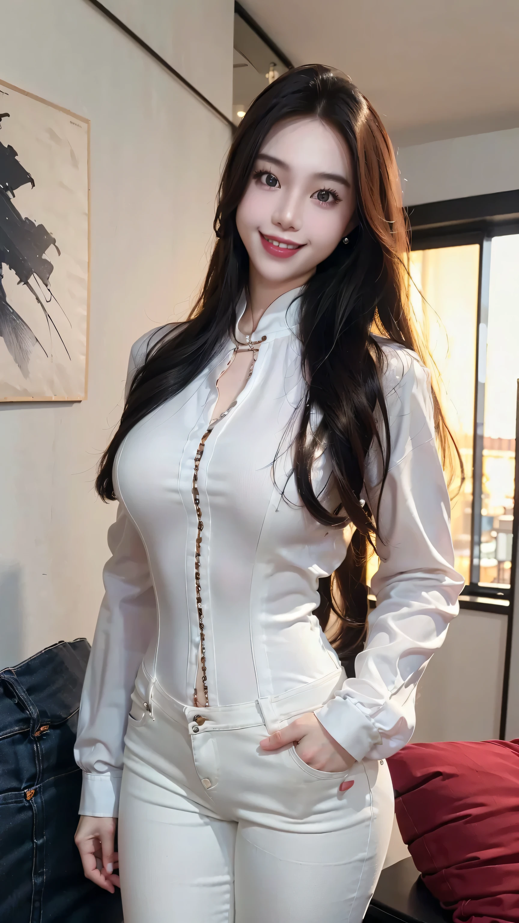 ((Realistic photo, Best quality, 8K, Masterpiece: 1.3)), (raw photo:1.2), Hyperrealist portrait gorgeous Beautiful Chinese girl, , Perfect Figure, pretty body, (beautiful flat breasts: 1.2), very detailed eyes and face, (lustfully naughty face, crimson red lip, heavy makeup: 1.3, blushing), beautiful detailed eyes, seductive sharp eyes, (charming smile: 1.4), white skin, photo realistic, very detailed face, ((white blouse, black denim tight pants: 1.2)), (long legs: 1.2, beautiful long nails), loose curls hairstyle, ((standing pose)), (modern living room background)