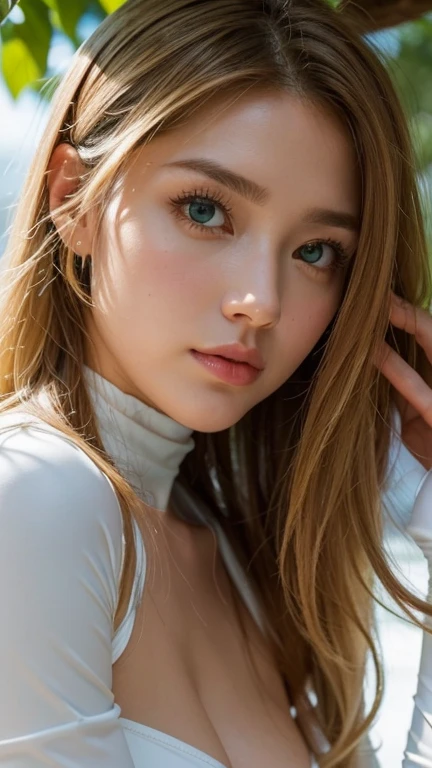 Strong light, Strong contrast, In an open-roofed cave、Sunlight shines through green moss and ferns。, And open( Ocean View:1.1) end, Cel-shaded rendering, 4K, 360 degrees, Equirectangular projection, what, One Girl, 30-year-old woman、Beautiful woman、Long blonde hair、White Latex Leotard、White long boots、White arm cover、masterpiece, 最high quality, high quality, High resolution, (((Face close-up)))、、Cleavage