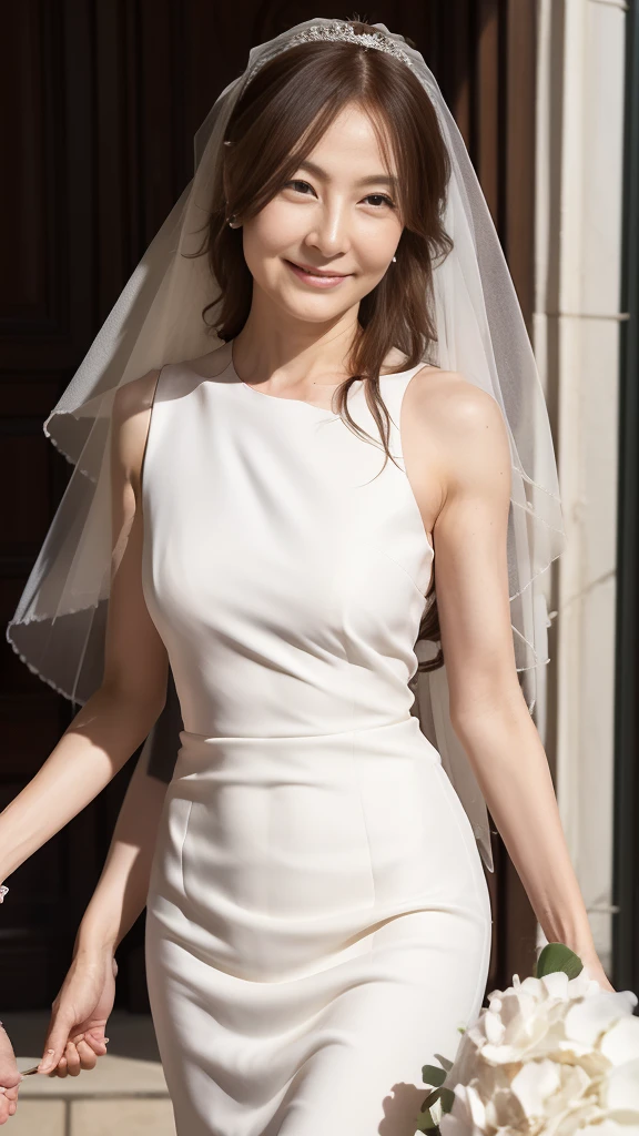 ((Highest quality)), ((8K)), ((masterpiece: 1.3)), (Perfect appearance), (Photorealism: 1.6), (JMA), (KE), (Japan Bride), (In front of the church), (sunny), Japanese women, (48 years old), (Natural light), ((Stand upright, Look forward, Center of screen)), ((Realistic skin texture)), (Fine wrinkles appear all over the skin: 1.3), (Dullness: 1.1), (Unmoisturized skin: 1.2) , (Facial wrinkles: 0.9), (Wrinkles around the eyes: 1.2), double eyelid, Lower eyelid tear trough, (Crying Mole: 0.9), The eyes are looking here, Serious look, (Dimples: 1.2), Laugh with the corners of your mouth wide open, Straight medium length, (Wedding dress: 1.2), (Mermaid Line Dresses: 1.2), (Face-hiding veil: 1.2), (Bridal Veil: 1.2), High heels, (Bouquet in hand: 1.2), (whole body), (Angle from the feet: 1.2),