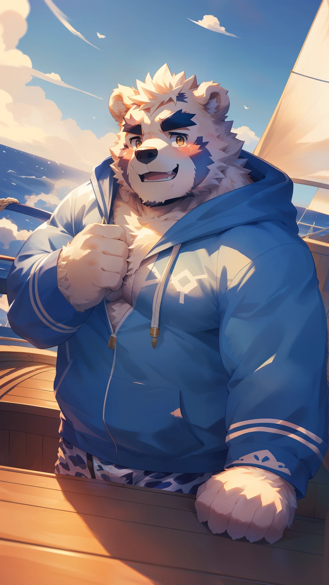 (Vision:1.5), solitary, anthropology, hairy, hairy male, Bear, ((Fluffy fur, Fluffy, hairy body)), (bear print), (Thick eyebrows), youth, muscular, White big pectoral muscles, White fur, Golden pupils, Detailed teeth, defaced face, fundos, sailor, Blue plaid hoodie, sailor帽, On deck, Sailing, sideways, Shy expression, A faint smile, blush, (Dynamic poses:1.5), Clear facial features, Strong, majestic, alone, panoramic, Fog atmosphere, early morning, Tyndall Light Effect, On deck, early morning的阳光, (By Empty Ghost, From bear20, masterpiece, high quality, high resolution,8k)
