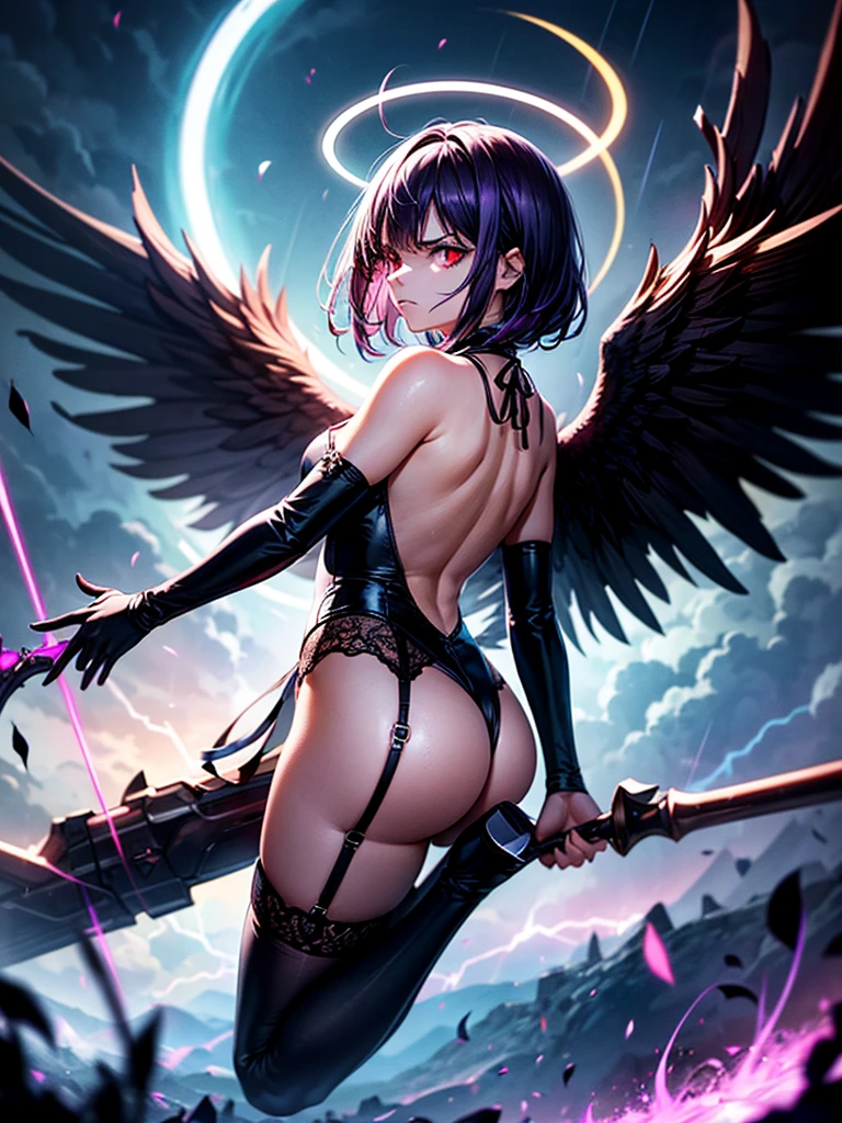 Highest quality,Highest Resolution,Beautiful girl with angry face in gothic ta leotard,High leg,(((Floating in the air))),Halo,Night Sky,Severe lightning strike,Thick Lightning,Very beautiful red eyes,rain,(((Black angel wings on the back))),whole body,front,Purple hair long,In hand1with two big spears,Knee-high stockings,garter belt,Floating in the air,darkness,