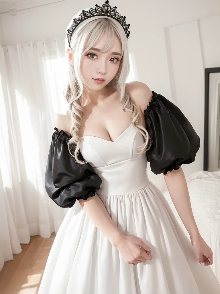 (Highest quality:1.9)、(High resolution)、Live-action image quality、((20-year-old woman、1 person))、Soft lighting by a professional photographer、Natural light、((Very spacious white luxurious room:1.6))、((Bright white room:1.6))、(Standing in front of a very luxurious white bed:1.2)、(White bookshelf background:1.1)、Natural soft light、Fair skin、Detailed Eyes、double eyelid、Slightly puffy cheeks、((Small Face:1.0))、(maid_cosplay, breasts, puffy short sleeves, puffy sleeves, short sleeves, maid headdress, chain, frills, white gloves, cowboy shot, large breasts, pointy hair, gloves,gothic, gothic maid)、(Cute Smile)、((Girly pose 1.8))、((Long curly hair:1.1))、((Full Body Shot:1.2))、((Height: 165cm))、Hands in front、Hold hands between legs、
