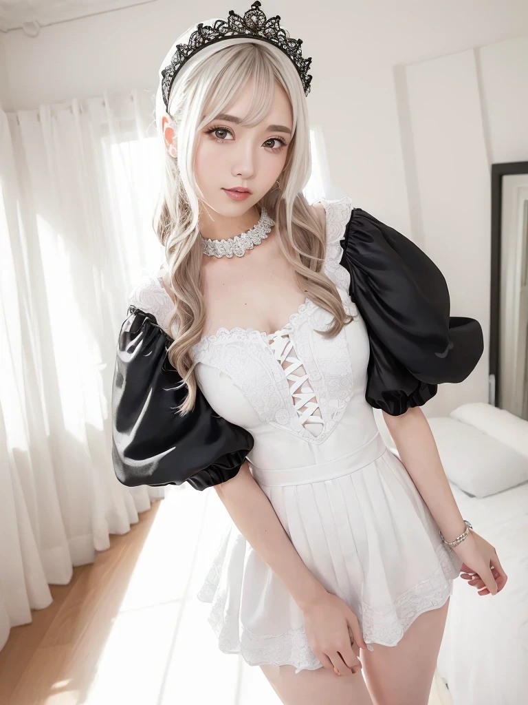 (Highest quality:1.9)、(High resolution)、Live-action image quality、((20-year-old woman、1 person))、Soft lighting by a professional photographer、Natural light、((Very spacious white luxurious room:1.6))、((Bright white room:1.6))、(Standing in front of a very luxurious white bed:1.2)、(White bookshelf background:1.1)、Natural soft light、Fair skin、Detailed Eyes、double eyelid、Slightly puffy cheeks、((Small Face:1.0))、(maid_cosplay, breasts, puffy short sleeves, puffy sleeves, short sleeves, maid headdress, chain, frills, white gloves, cowboy shot, large breasts, pointy hair, gloves,gothic, gothic maid)、(Cute Smile)、((Girly pose 1.8))、((Long curly hair:1.1))、((Full Body Shot:1.2))、((Height: 165cm))、Hands in front、Hold hands between legs、
