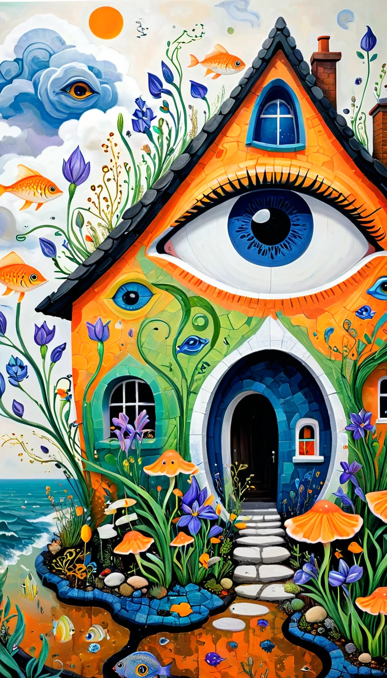 Children's graffiti,Thick coating,Concave and convex texture,Oil pastel strokes:Stone house,Eye,mouth,A cloud、iris、fish、Tentacles、bird、Eye、diatom,Abstract mosaic painting,Describing the inner world of autistic people,Sense of space,White Space,interesting,Innocence,Psychedelic Art,Orange overall