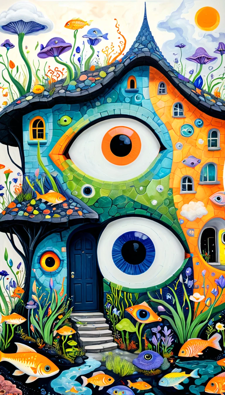 Children's graffiti,Thick coating，Concave and convex texture，Oil pastel strokes：Stone house，Eye，mouth，A cloud、iris、fish、Tentacles、bird、Eye、diatom，Abstract mosaic painting，Describing the inner world of autistic people，Sense of space，White Space，interesting，Innocence，Psychedelic Art，Orange overall