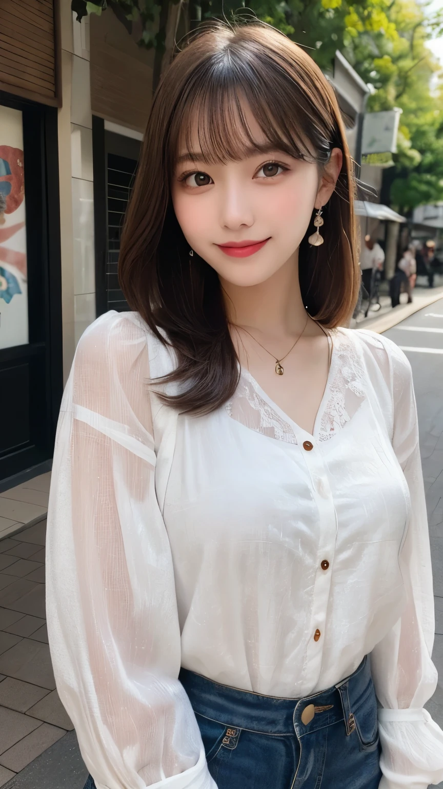 masterpiece, best quality, illustration, ultra-detailed, finely detailed, high resolution, 8K wallpaper, perfect dynamic composition, beautiful detailed eyes, summer blouse setup clothes, medium hair, small breasts, natural color lips, bold sexy poses, smile, Harajuku, 18 years old girl, cute, sexy shot, looking at camera