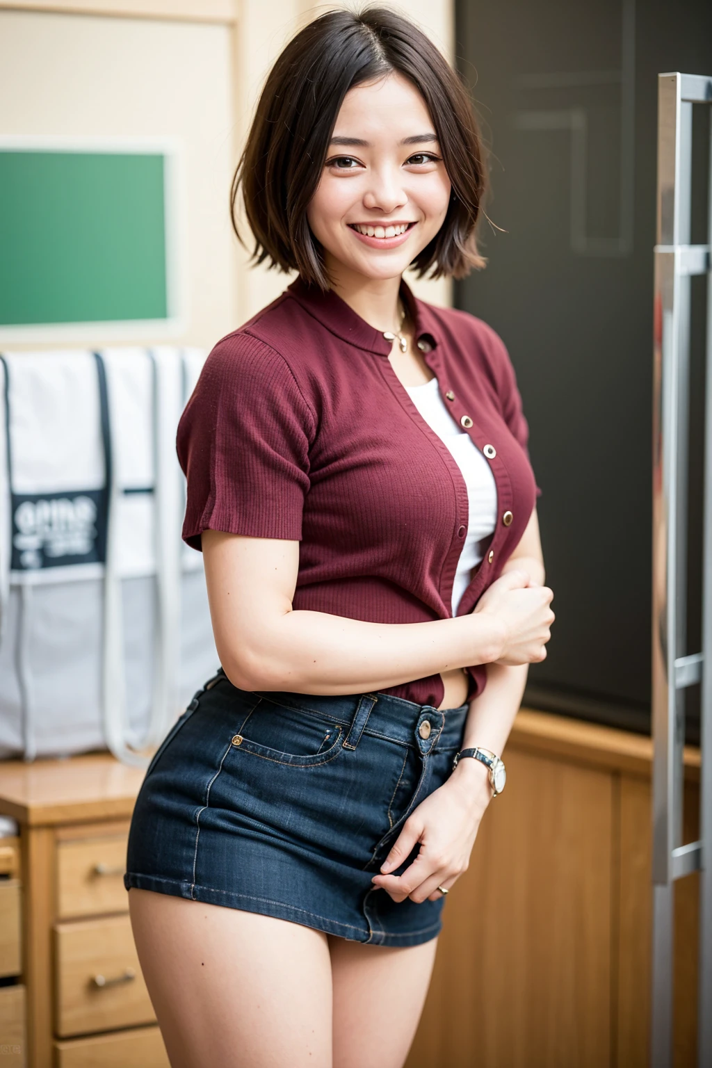 Top quality, 1 beautiful woman, super short Hair, mini skirt , Giddy Smile, , at school 